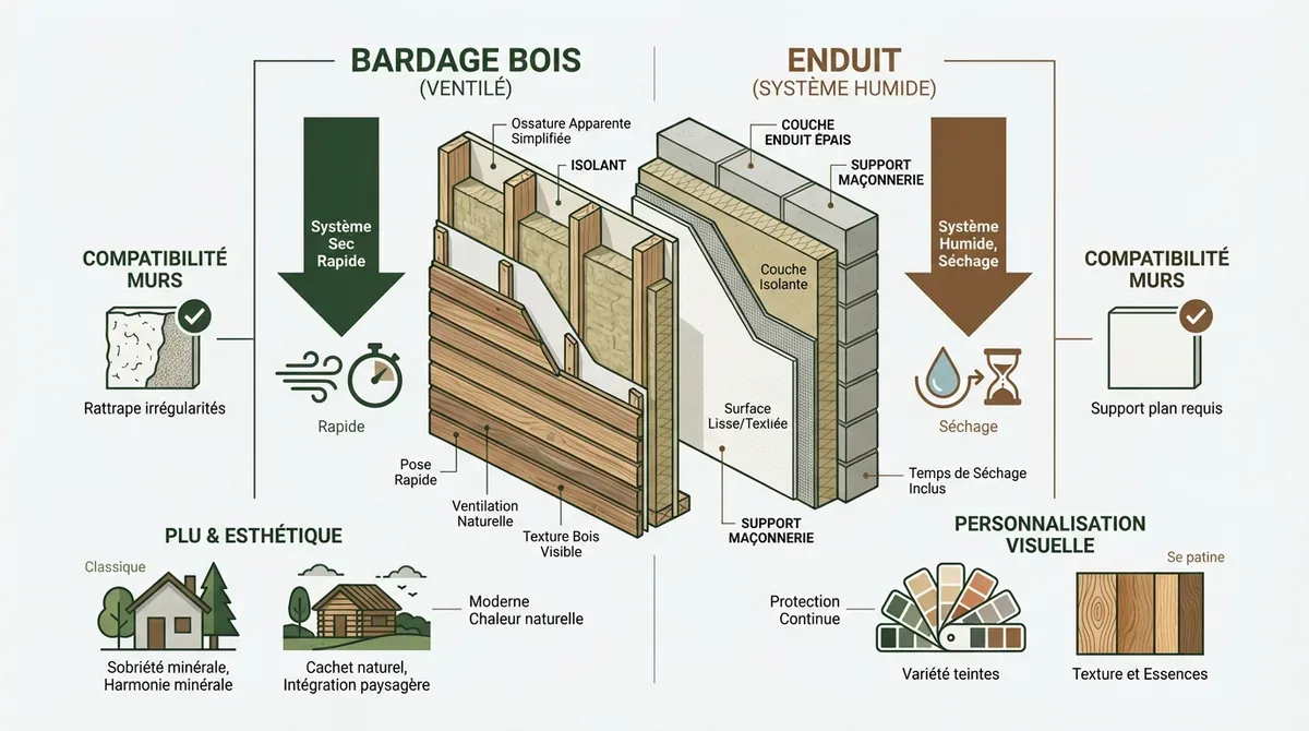 Comparatif ITE bardage bois vs enduit : esthétique et prix