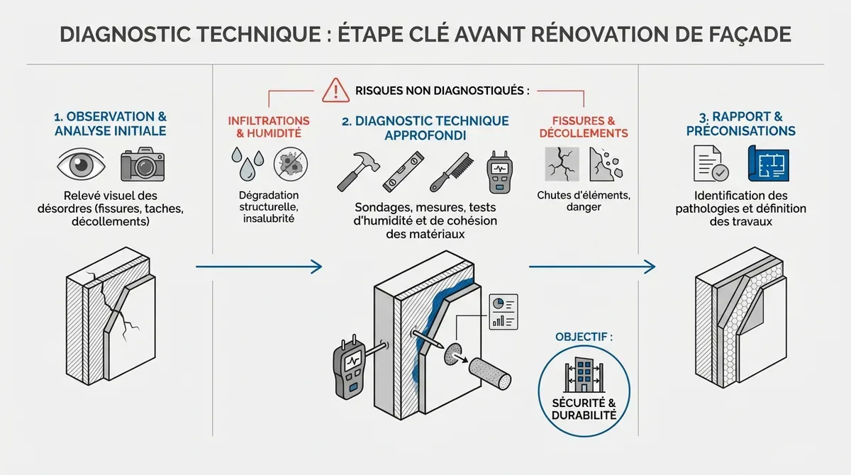 Diagnostic technique de l'adhérence d'une façade avant travaux d'ITE