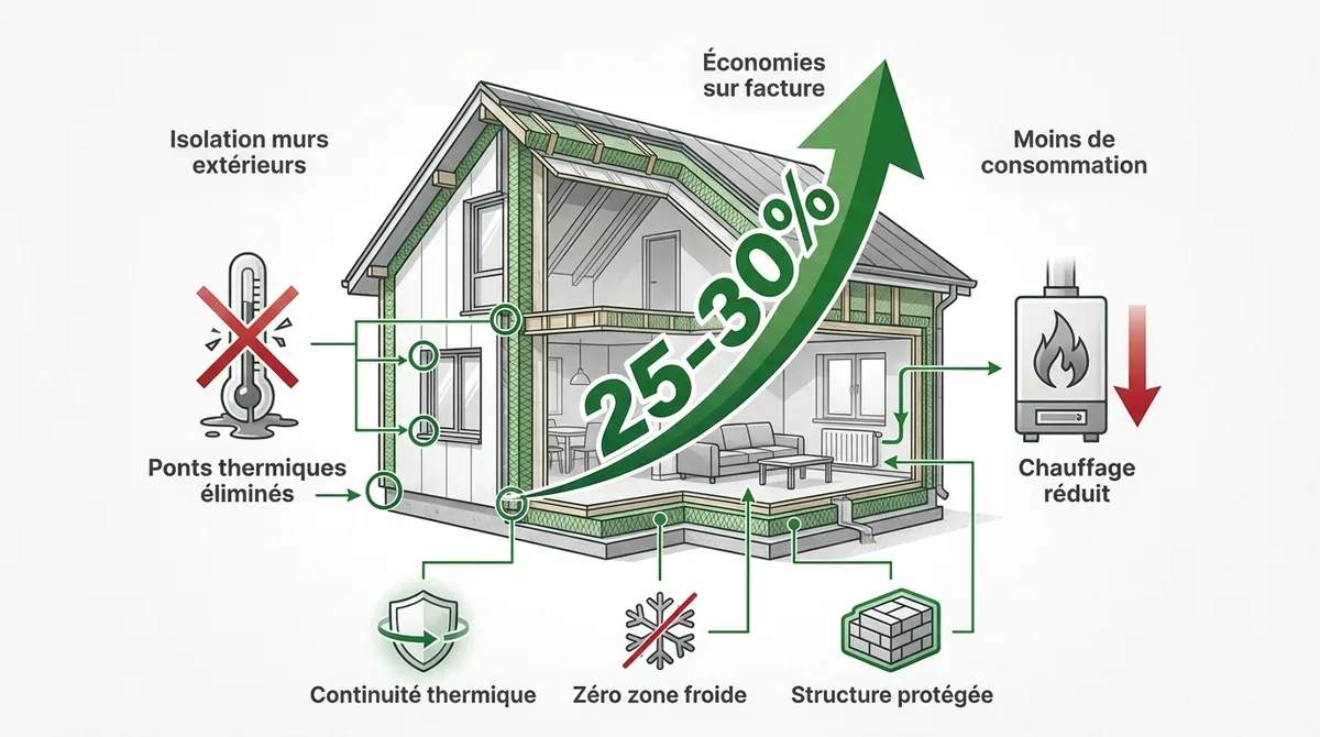 Schéma d'une maison isolée par l'extérieur montrant les économies de chauffage