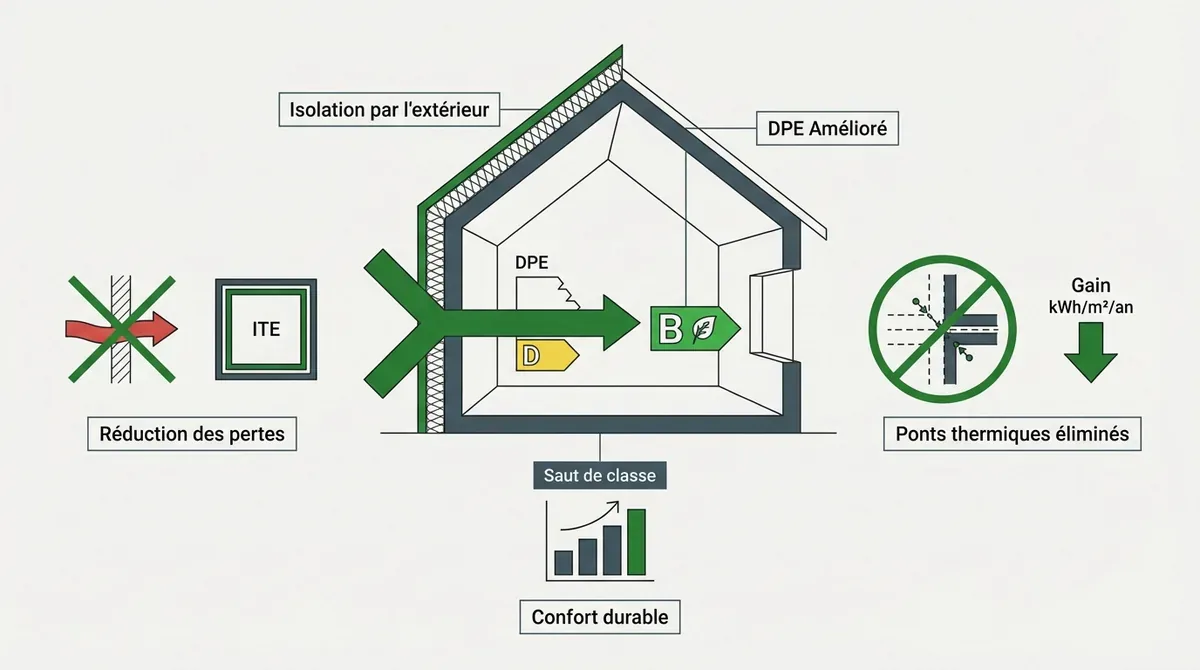 Schéma d'une maison avec isolation thermique par l'extérieur montrant l'amélioration du DPE et du confort