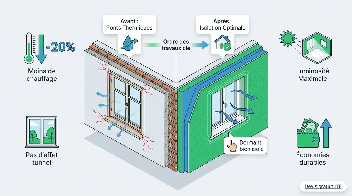 Schéma technique de pose de fenêtre avant isolation thermique par l'extérieur